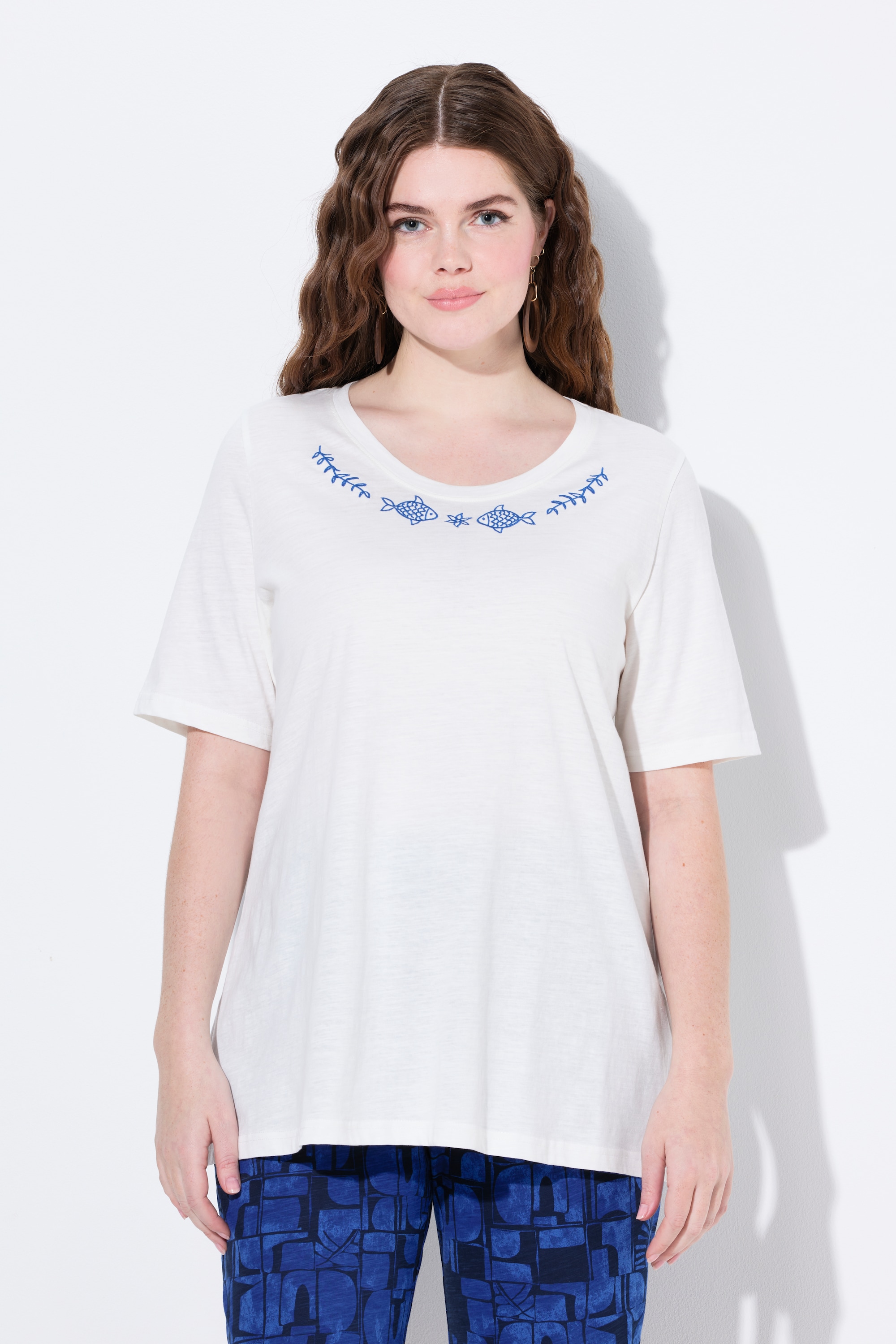 T-shirt, broderie, col rond, ULLA POPKEN