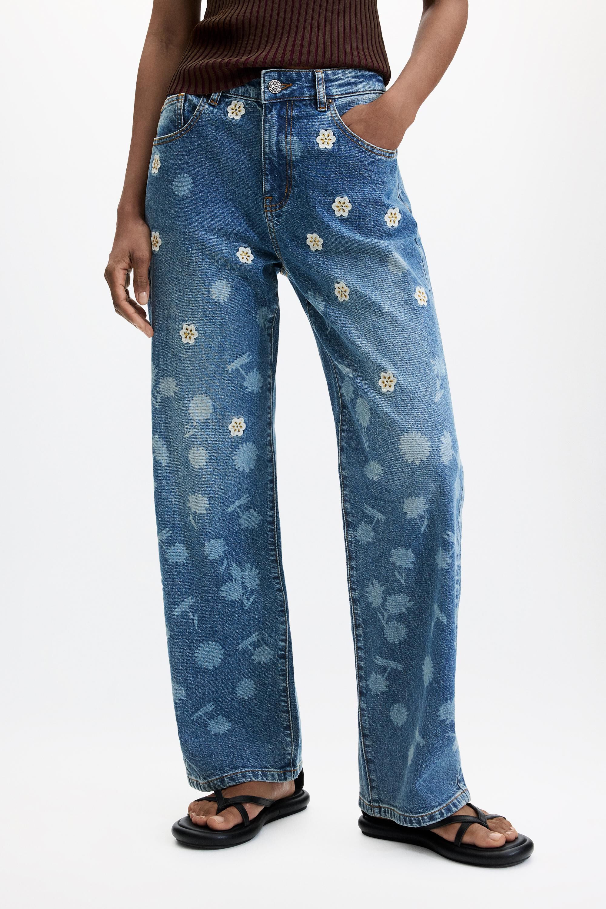 Pantalon en jean brodé regular, DESIGUAL