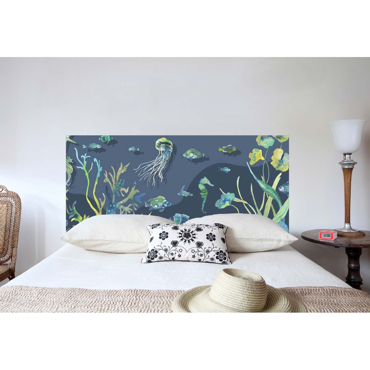 Tête de lit en tissu Trésors des mers, fixation murale