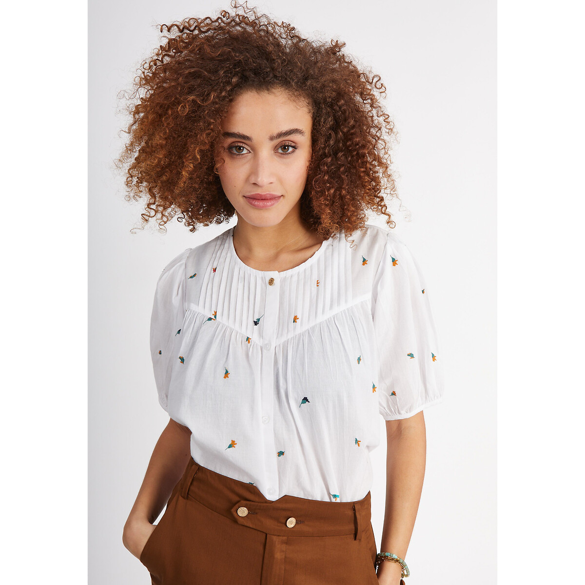 Cotton Crew Neck Blouse with Long Sleeves