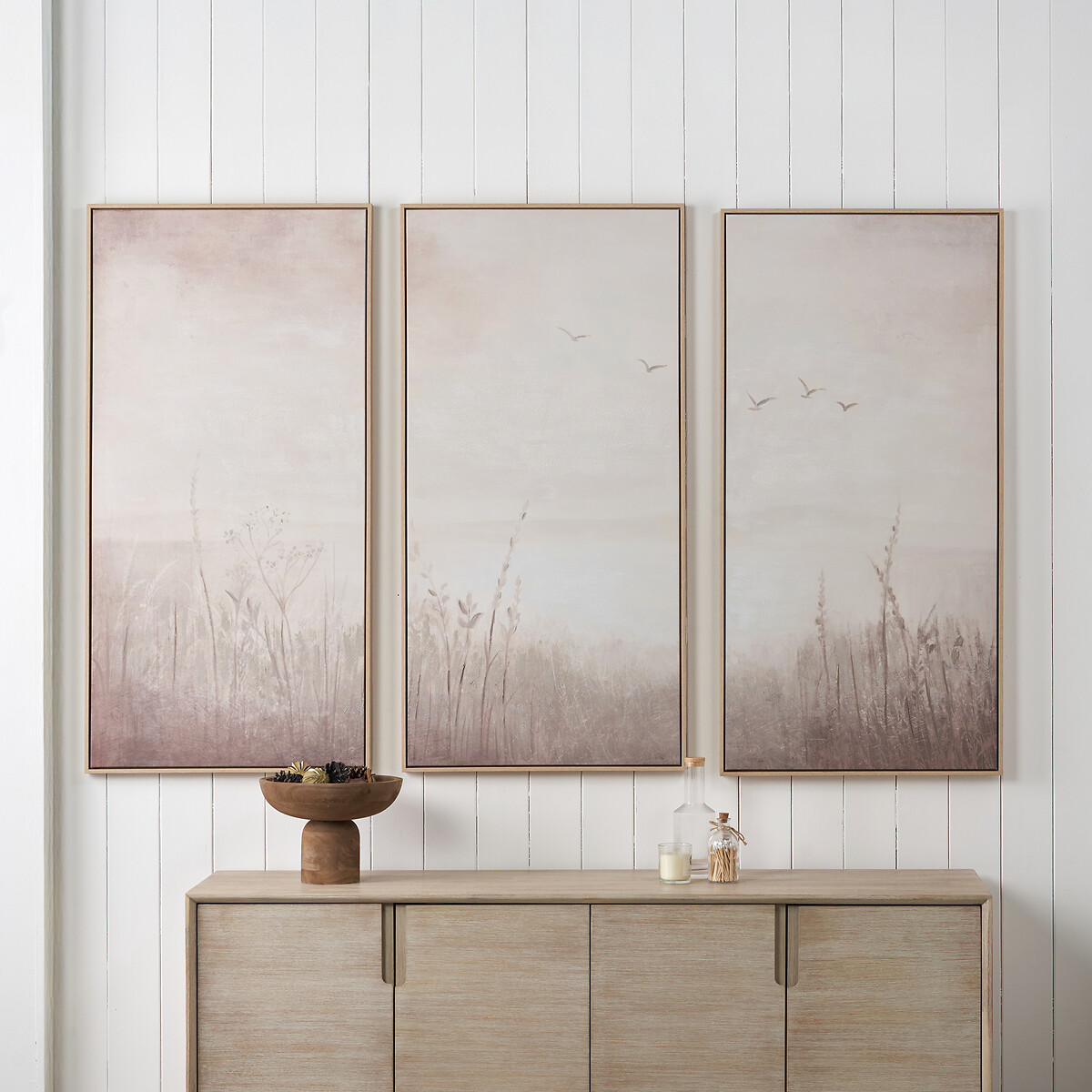 Set of 3 Natural and White Landscape Canvases with Natural Frames, ÉDITÉ