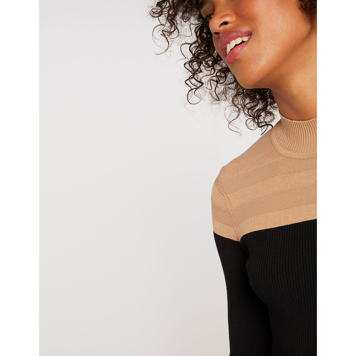 Two-Tone Jumper in Fine Knit with High Neck