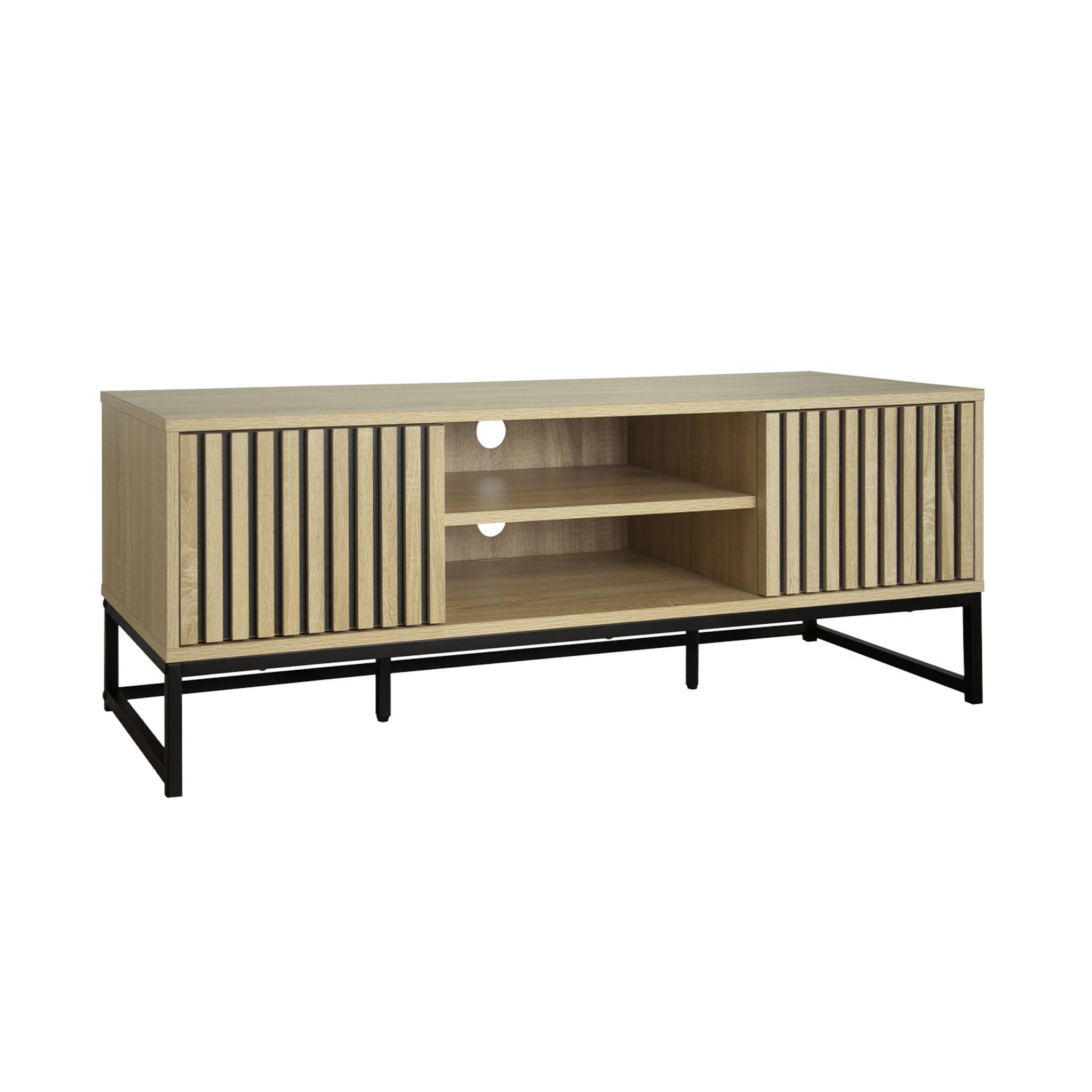 Meuble TV décor bois rainuré et métal 2 portes 120cm LISBONNE, SWEEEK
