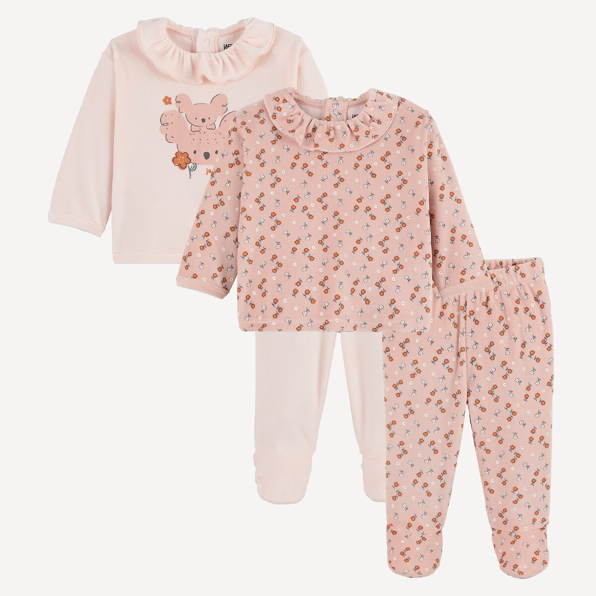 Lot de 2 pyjamas 2 pièces, en velours, avec pieds, motifs fleurs et koalas, LA REDOUTE COLLECTIONS