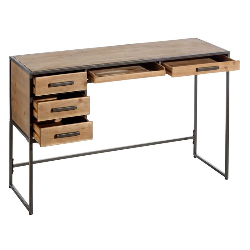 bureau style industriel bois et metal 5 tiroirs 120x42xh74cm - collection saturne