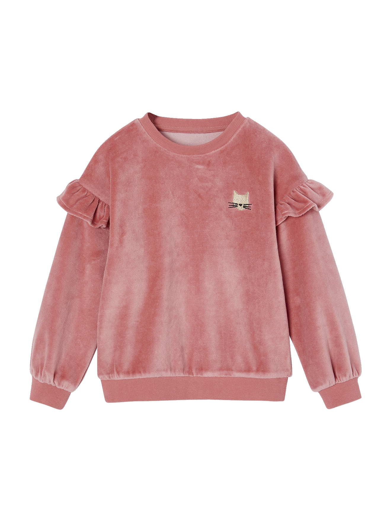 Sweat à volants en velours lisse motif chat, VERTBAUDET