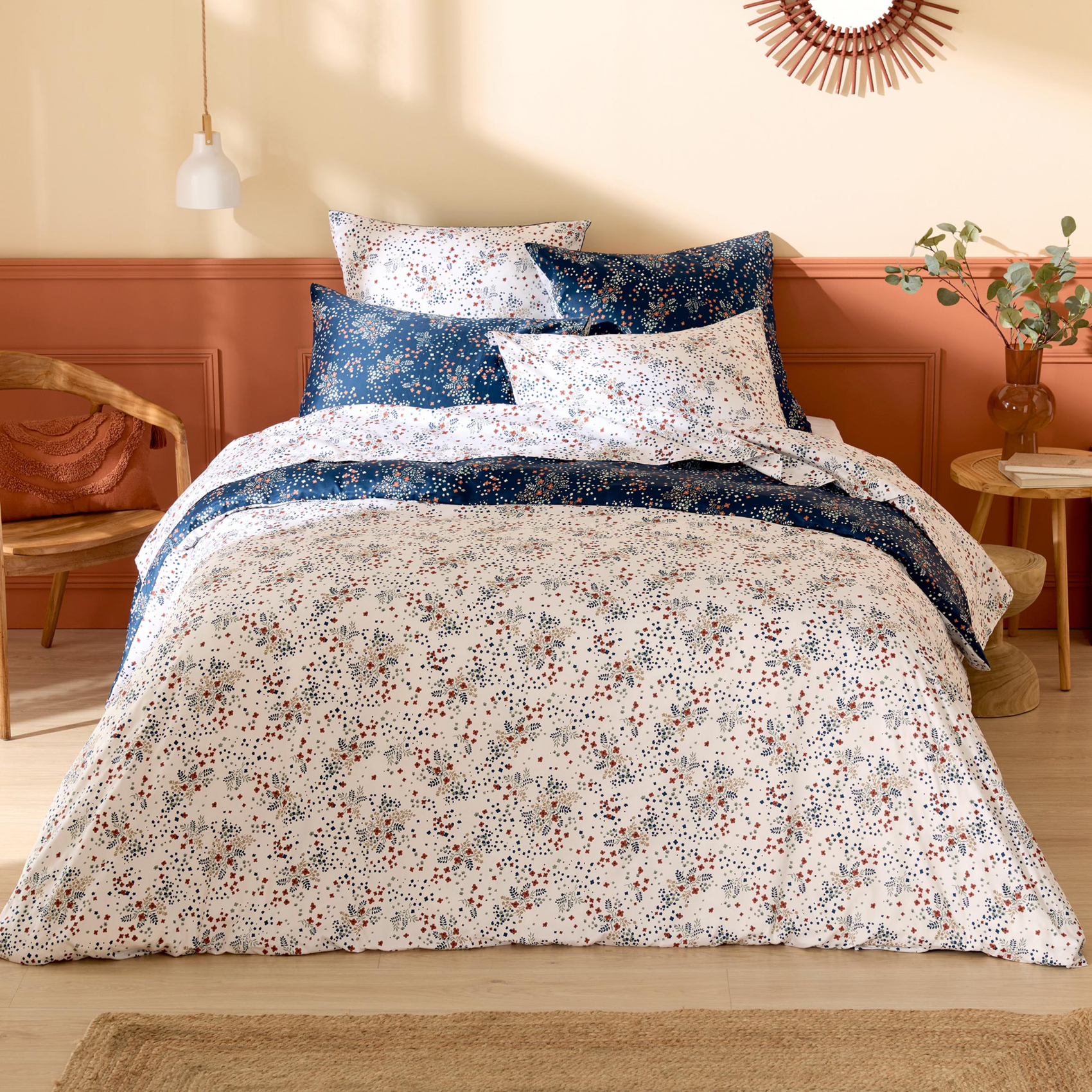 Parure de lit 2 pièces satin de coton 110 fils floral housse + taie, TRADILINGE