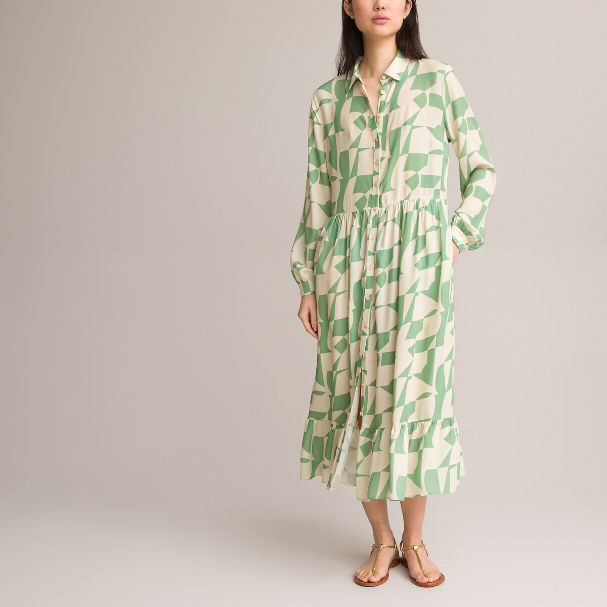 Printed midaxi shirt dress with long sleeves green print La