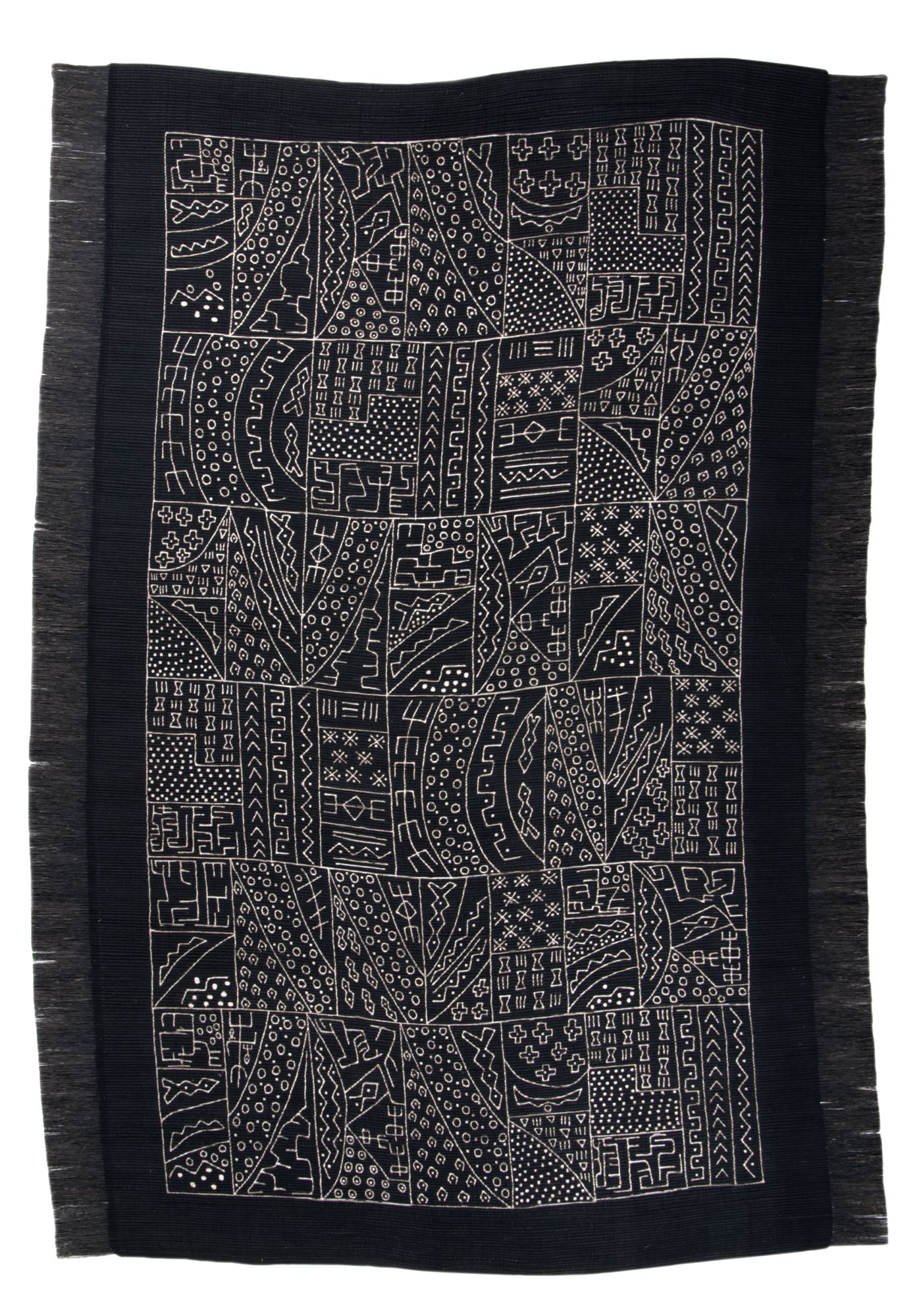 Tapis salon Bogolan fait main, plat, franges, THEKO