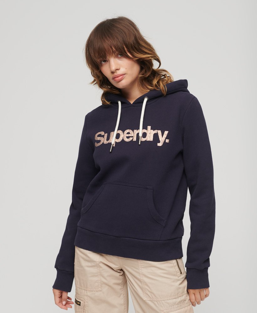 Sweat à capuche Core à logo métallisé, SUPERDRY