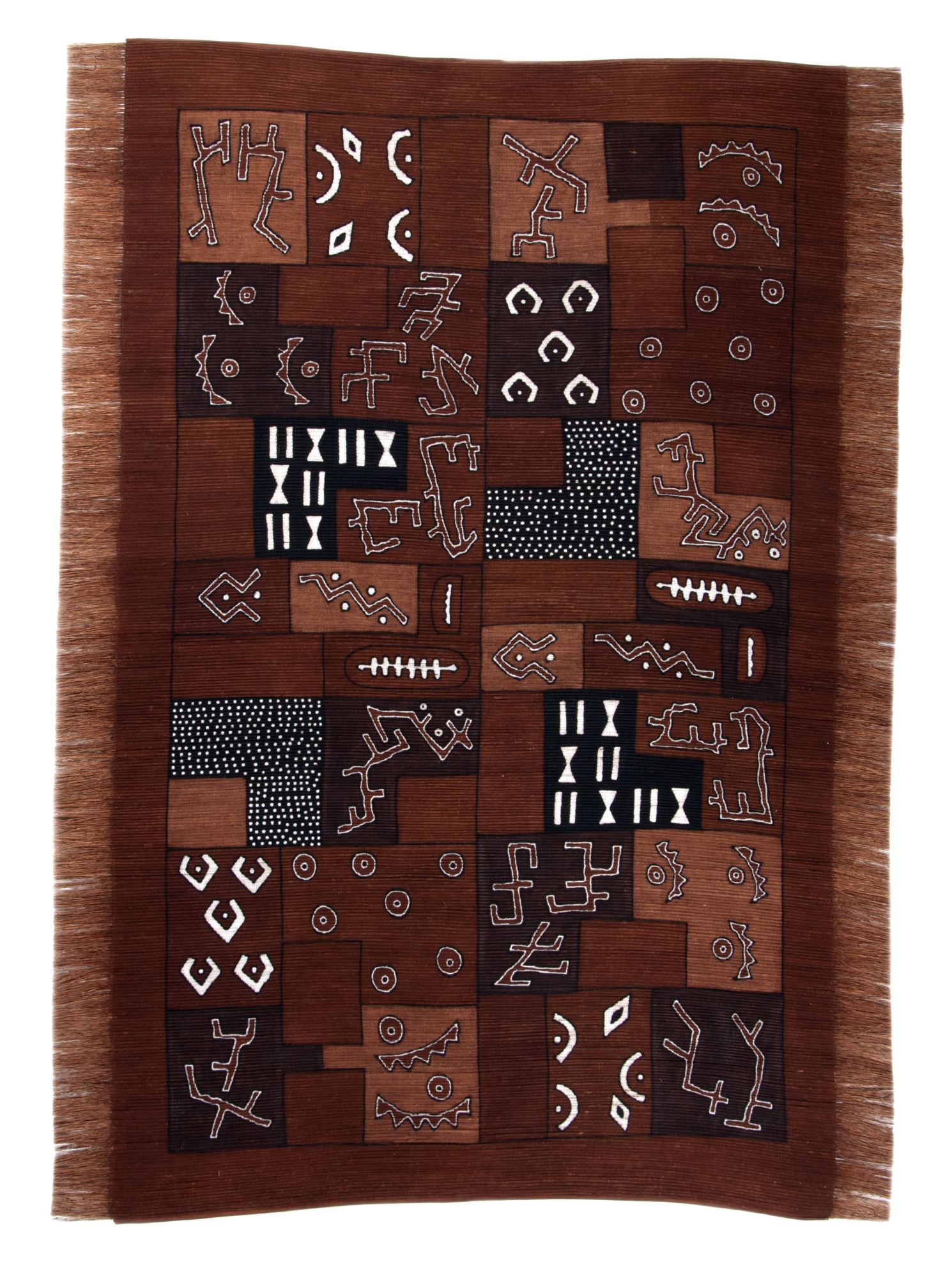 Tapis salon Bogolan fait main, plat, franges, THEKO
