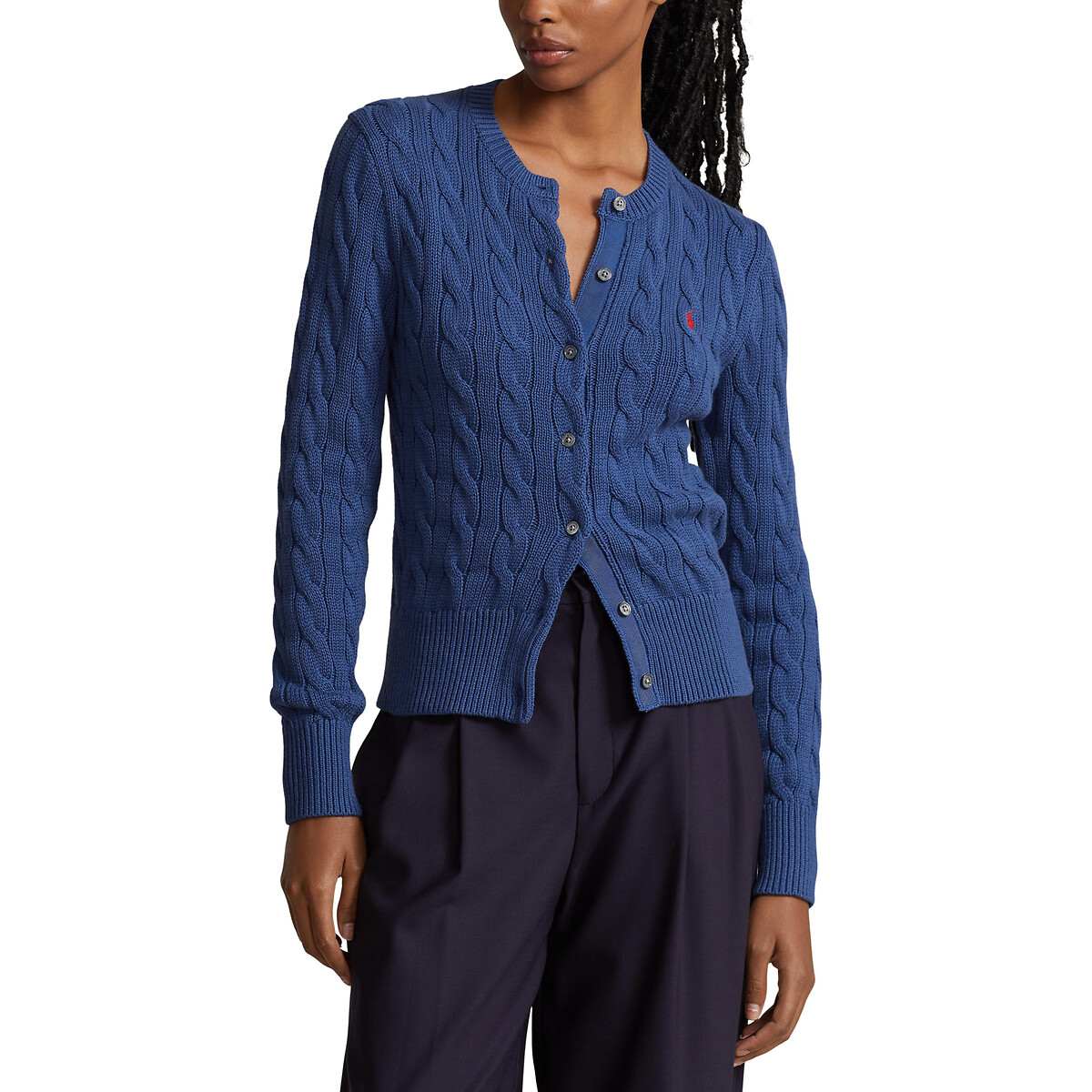 Cable knit cardigan with crew neck and button fastening dark blue