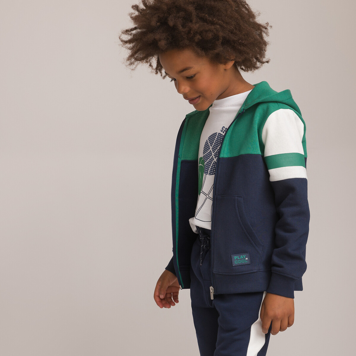 Cotton mix zipped hoodie, navy blue/green, La Redoute Collections | La ...