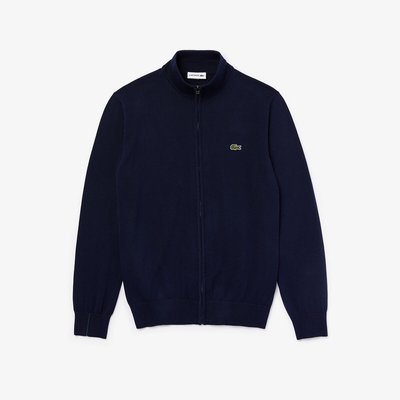 Embroidered Logo Cotton Cardigan with Zip Fastening and High Neck LACOSTE