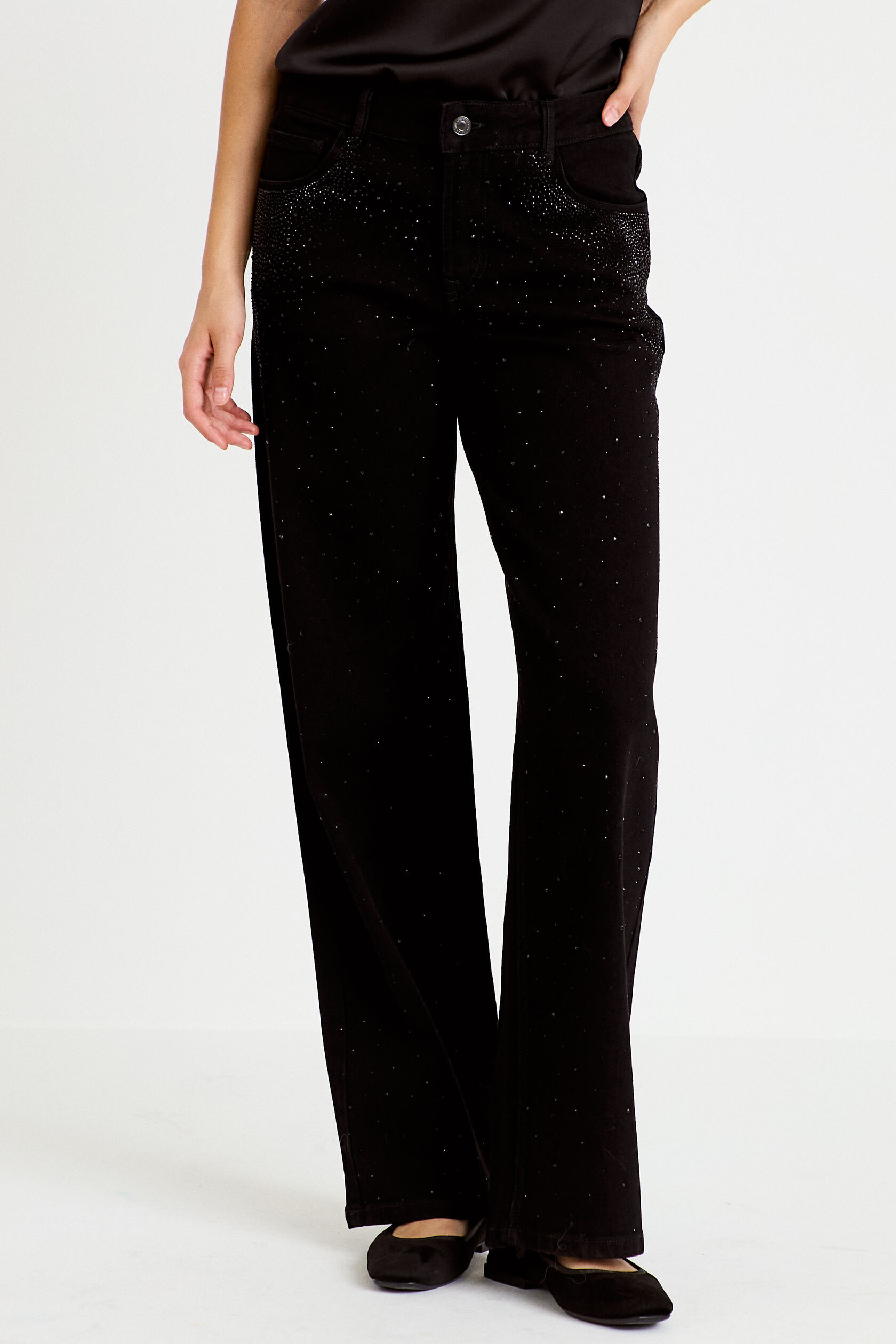 Jean wide leg taille basse strass, CACHE CACHE