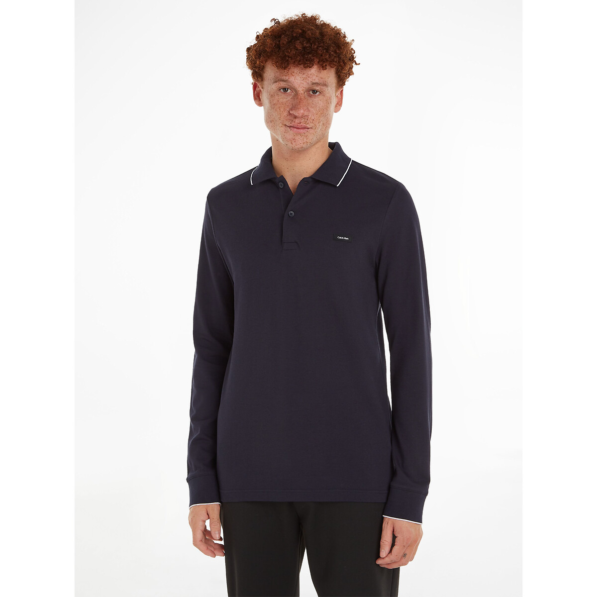 Image of Long Sleeve Polo Shirt in Stretch Cotton Pique