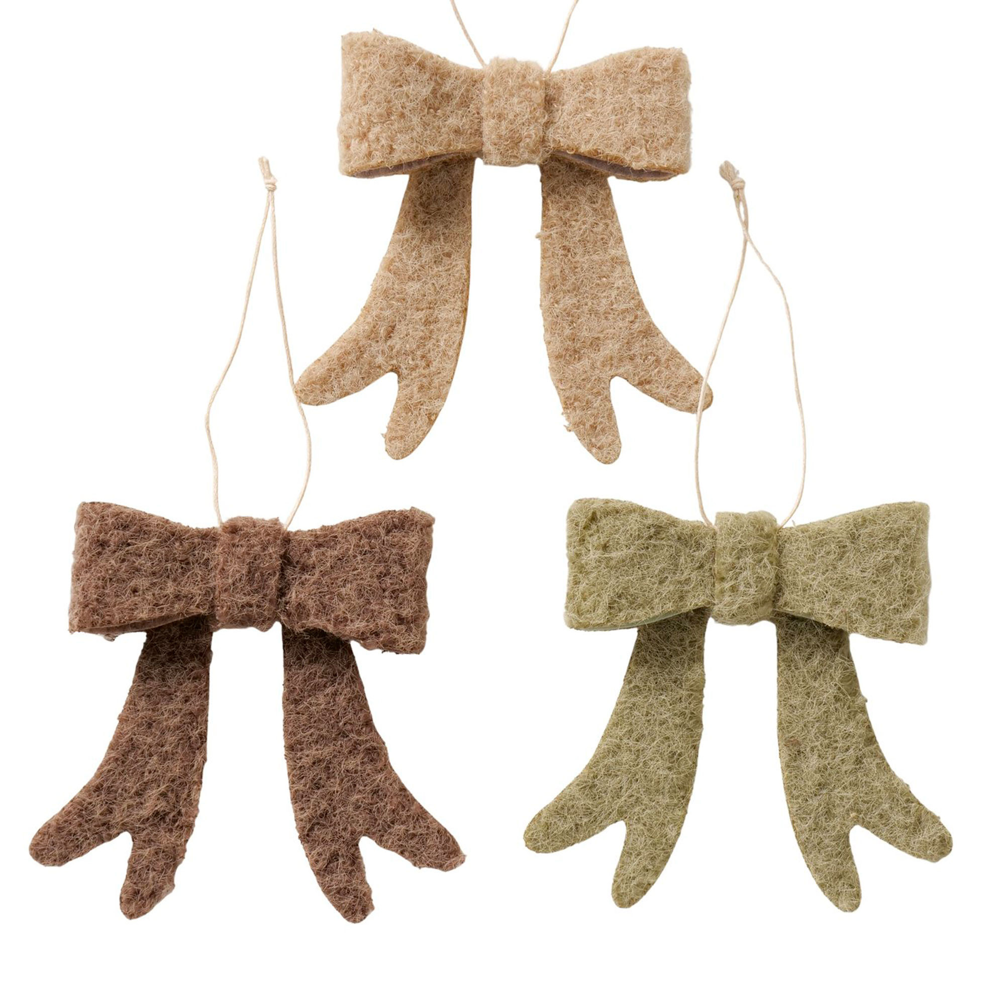 Set de 3 noeuds en tissu feutré beuge, marron et vert 10x11x2cm, WADIGA
