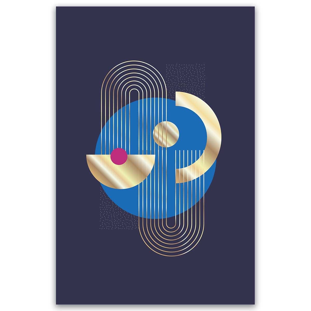 Tableau abstrait cercle bleu et formes dorées, HEXOA