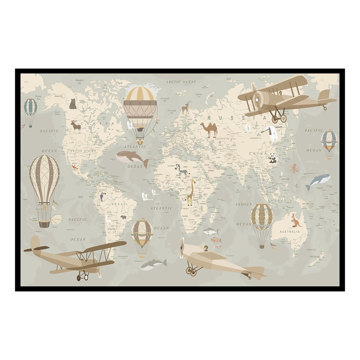 Affiche encadrée carte du monde animaux beige, HEXOA