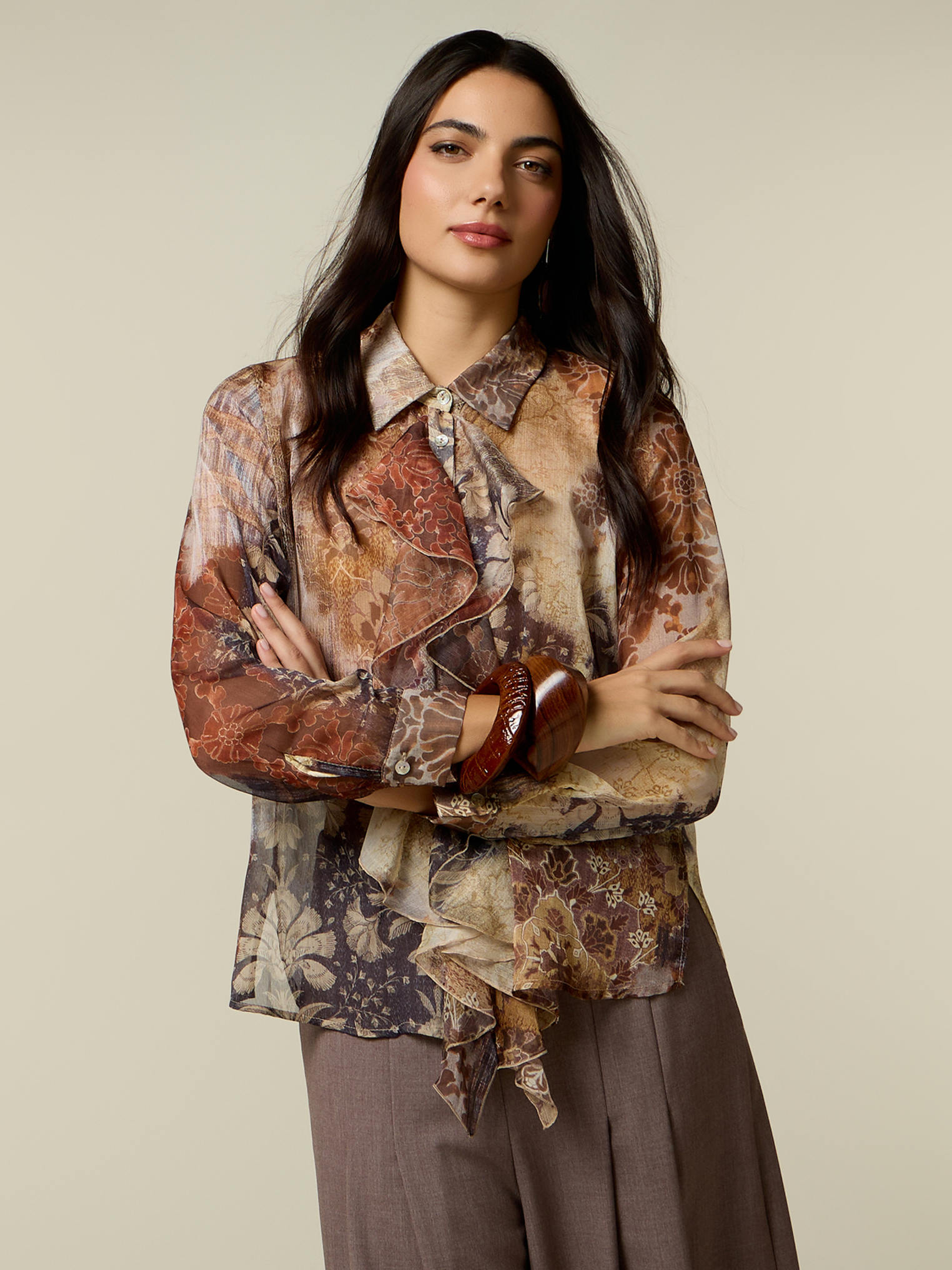 Blouse à imprimé floral avec volants, OLTRE