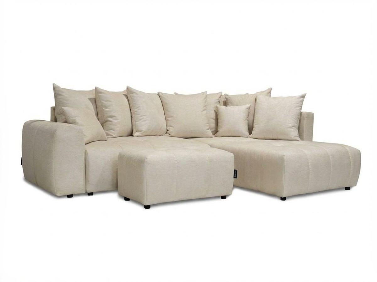 Canapé d'angle convertible 4 places en tissu chiné avec pouf, ROXELANE, BOBOCHIC
