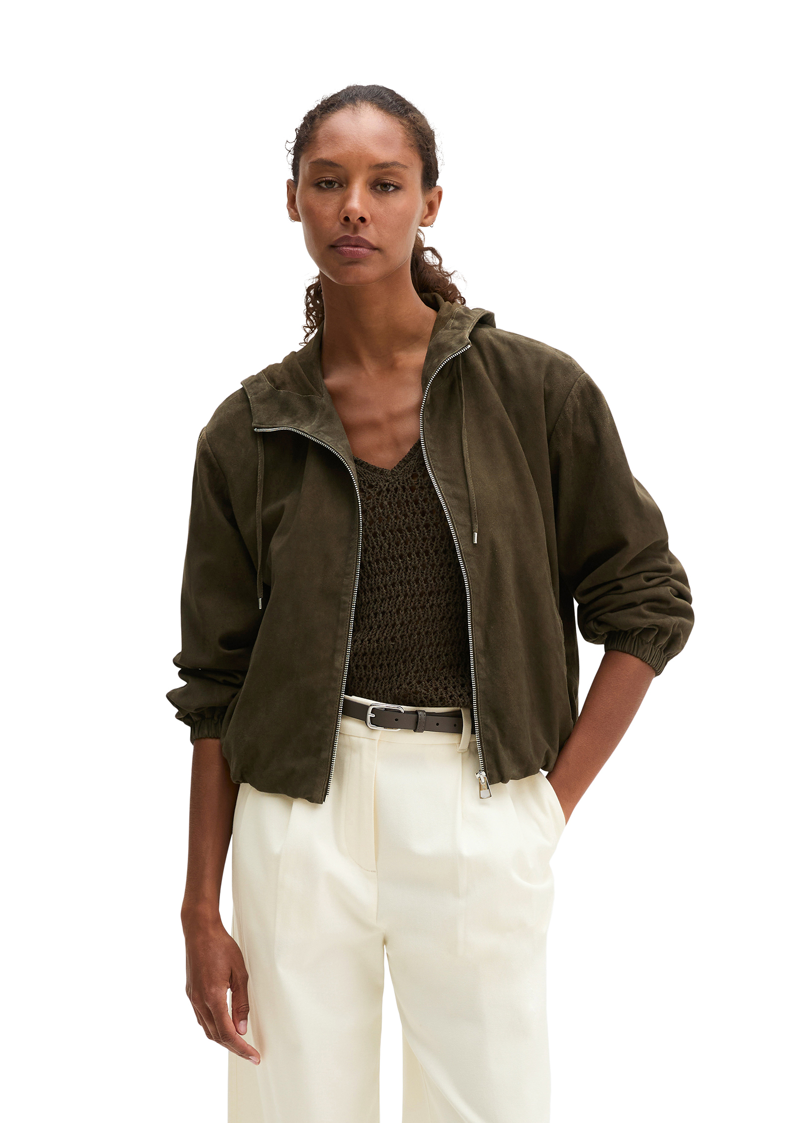 Veste en cuir avec capuche regular en cuir de chèvre velours, MARC O'POLO