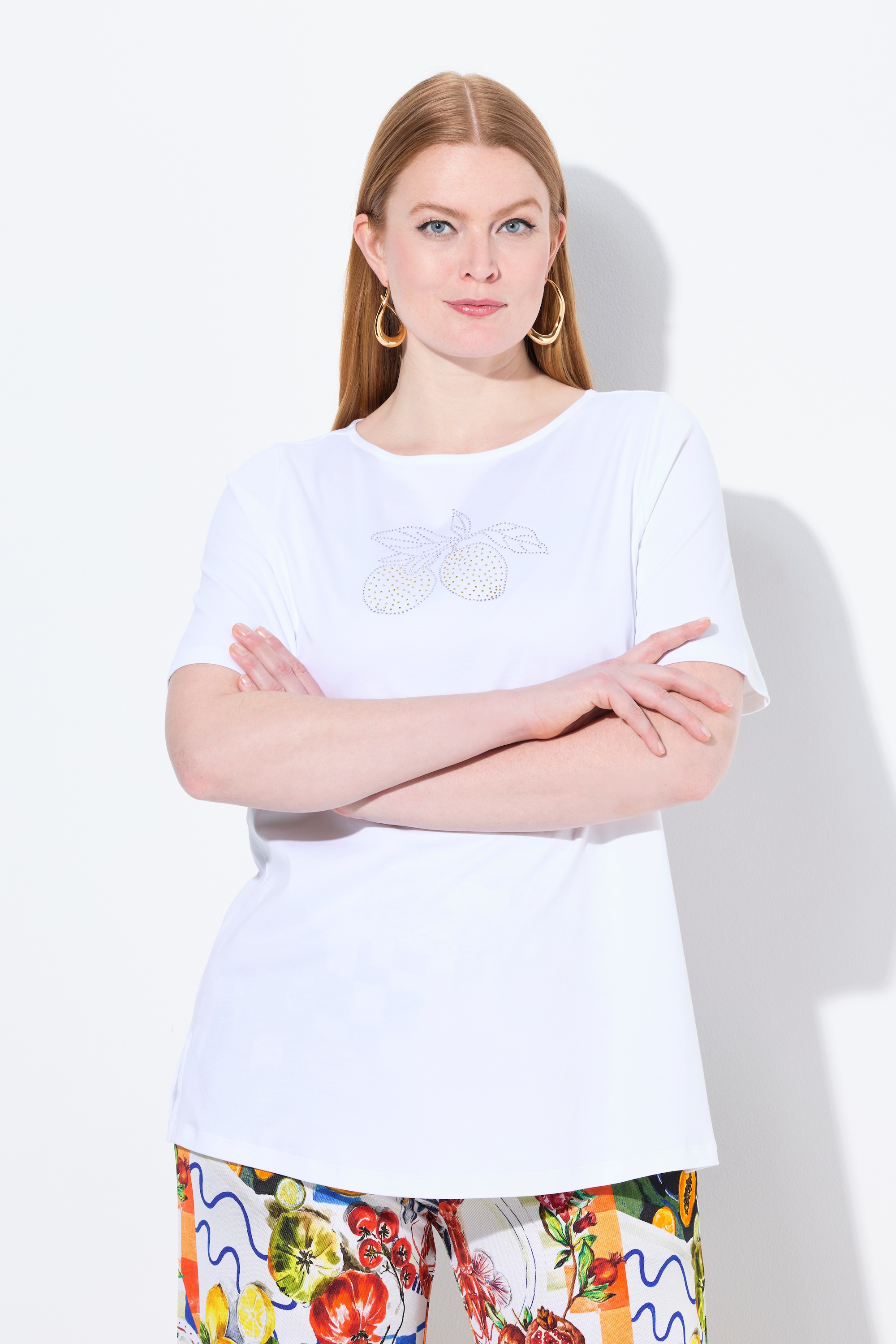 T-shirt en coton Pima. Motif citrons. Col, ULLA POPKEN
