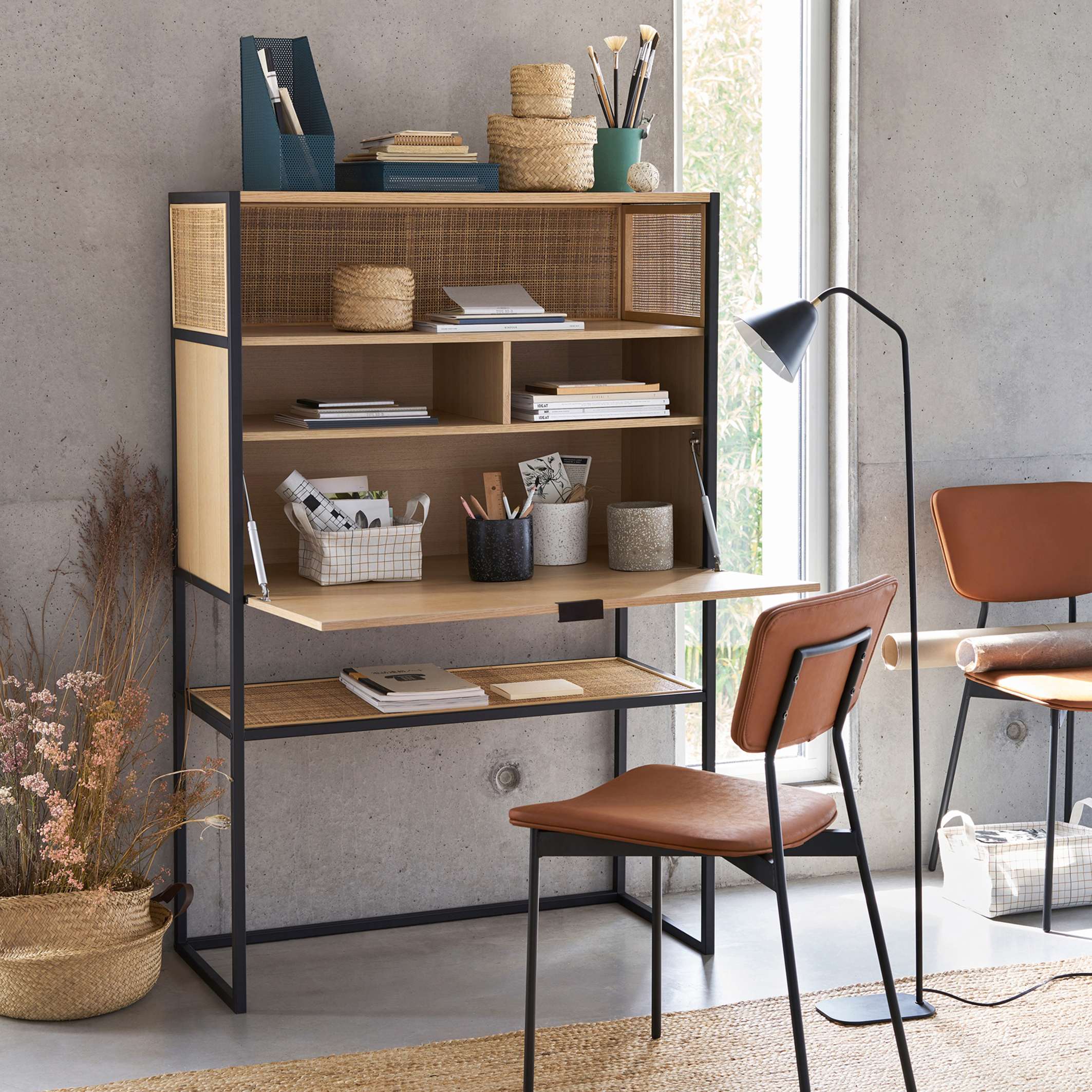 Talist Secretary S Desk With Woven Rattan Natural La Redoute Interieurs La Redoute Interieurs, Loring Wood Secretary Desk