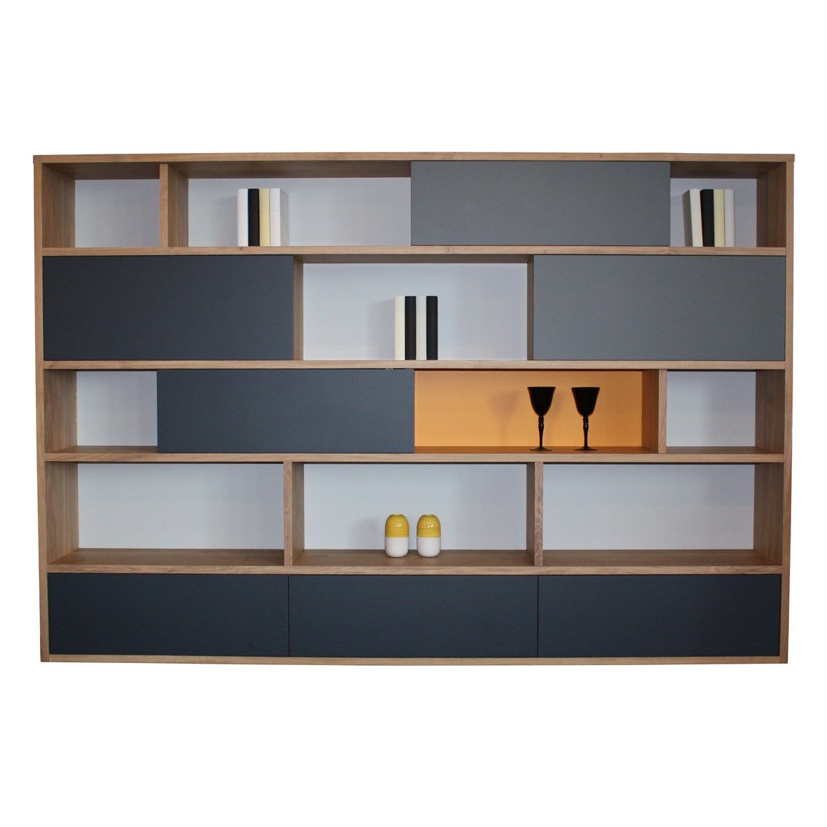 bibliotheque chene massif et laque, 3 tiroirs, 4 coulissants, made in france