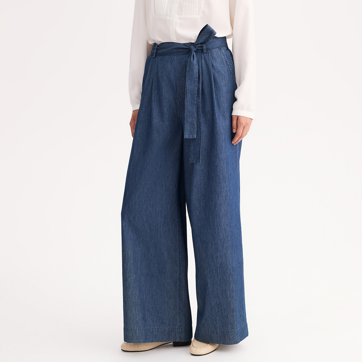 Light Denim Wide Leg Semi-Elasticated Tie-Waist Jeans, ANNE WEYBURN