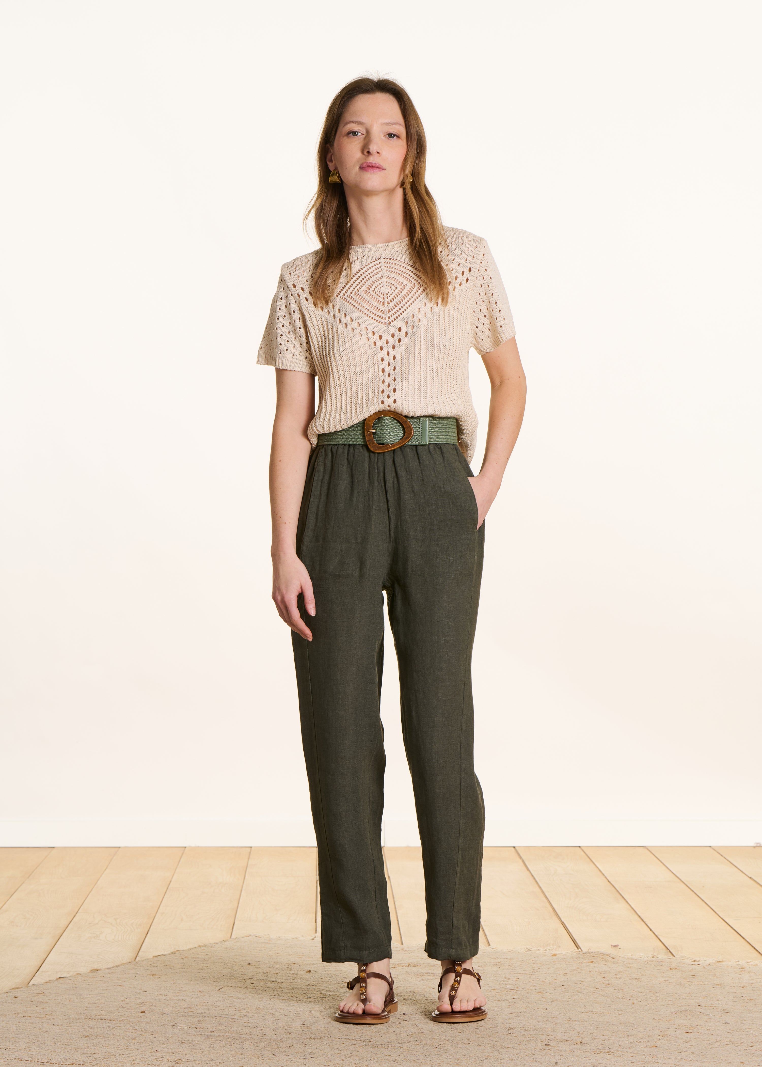 Pantalon carotte en lin taille élastiquée, LA FEE MARABOUTEE