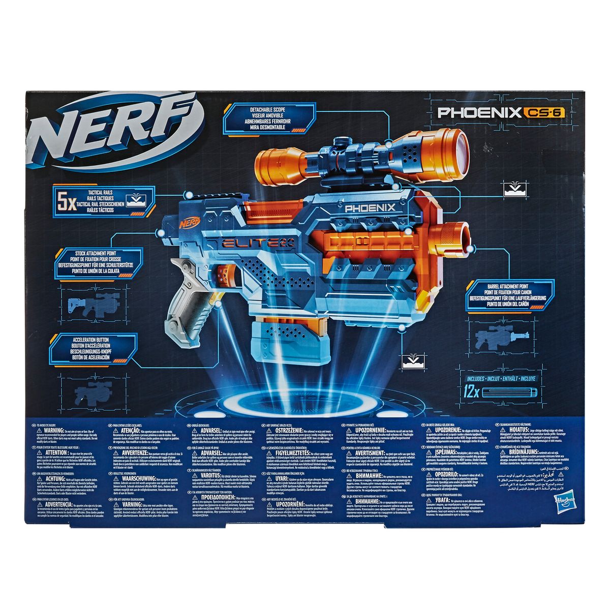 Nerf Elite 2.0, blaster motorisé Phoenix CS-6, 12 fléchettes Nerf, chargeur  6 fléchettes, viseur, rails tactiques, points de fixation