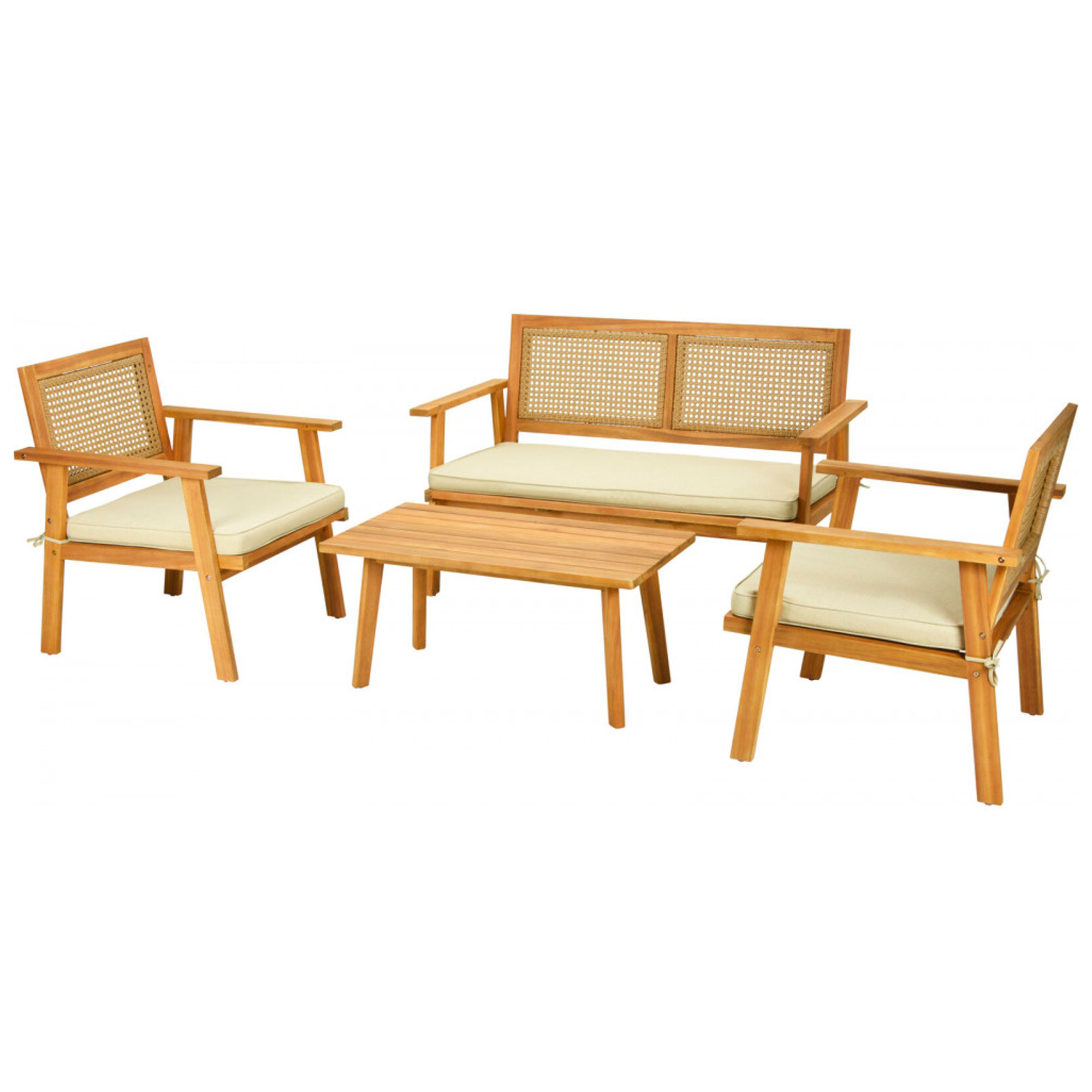 Salon de jardin bois d'acacia et cannage 2 fauteuils, 1 canapé, 1 table, WADIGA
