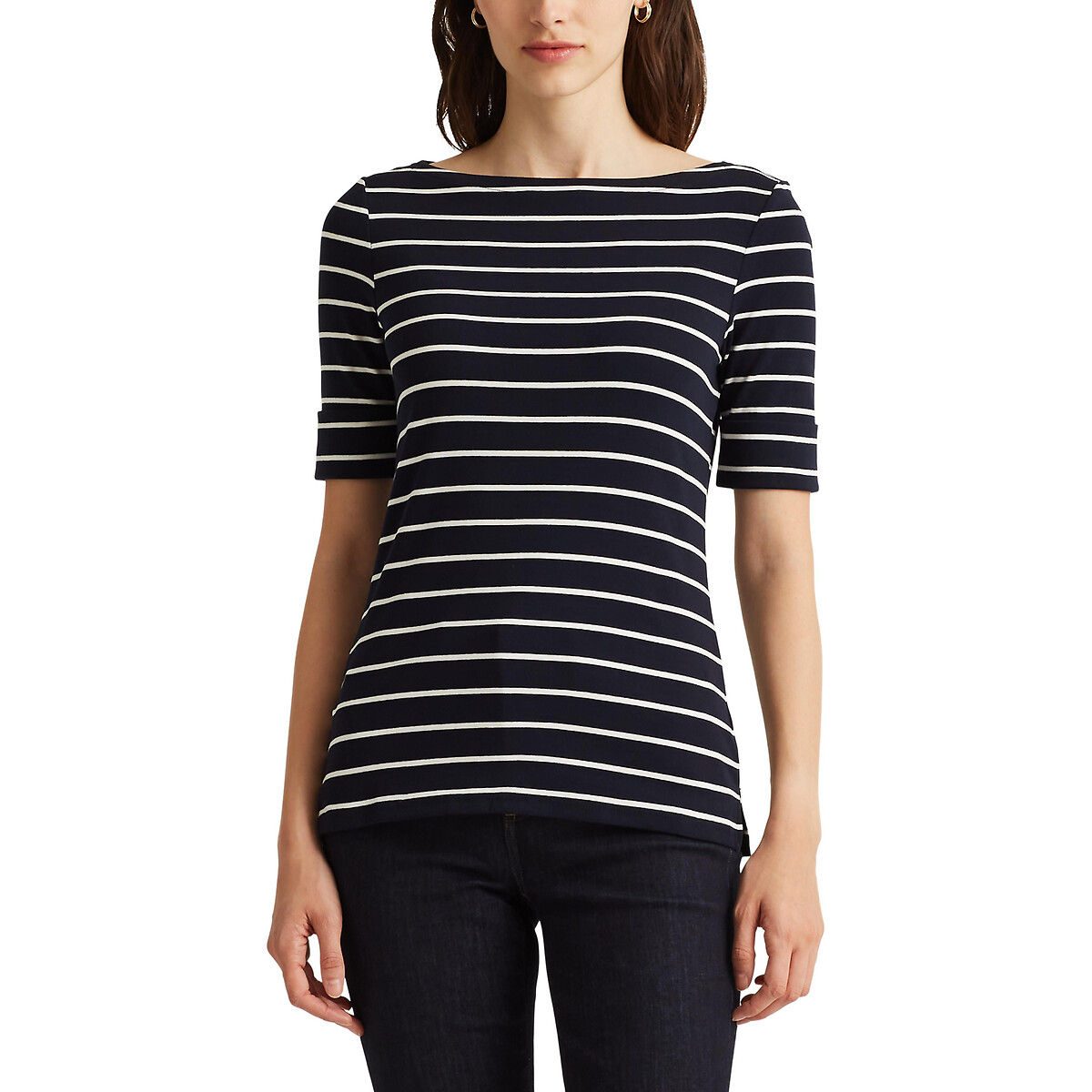 Striped Boat Neck T-Shirt with Short Sleeves in Cotton