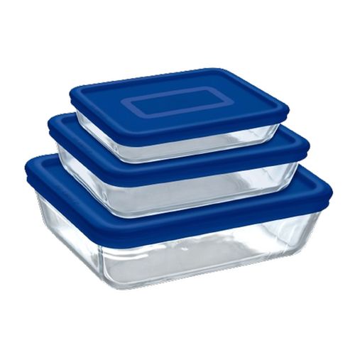 Lot De Plats De Conservation En Verre Rectangulaires Couvercle Bleu