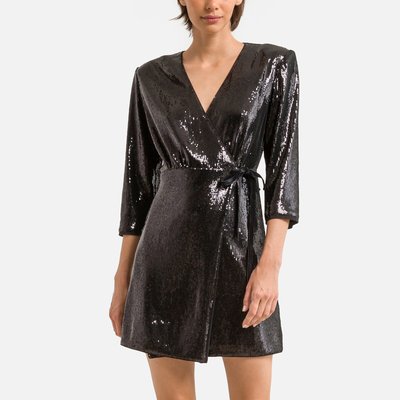 Cliff Sequin Mini Dress with V-Neck and 3/4 Length Sleeves SUNCOO