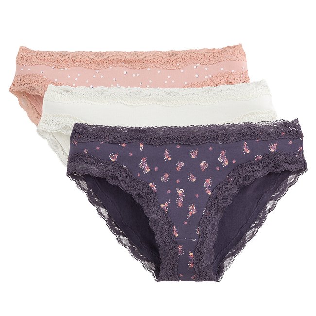 Pack of 3 Knickers in Stretch Cotton, printed plain, LA REDOUTE COLLECTIONS