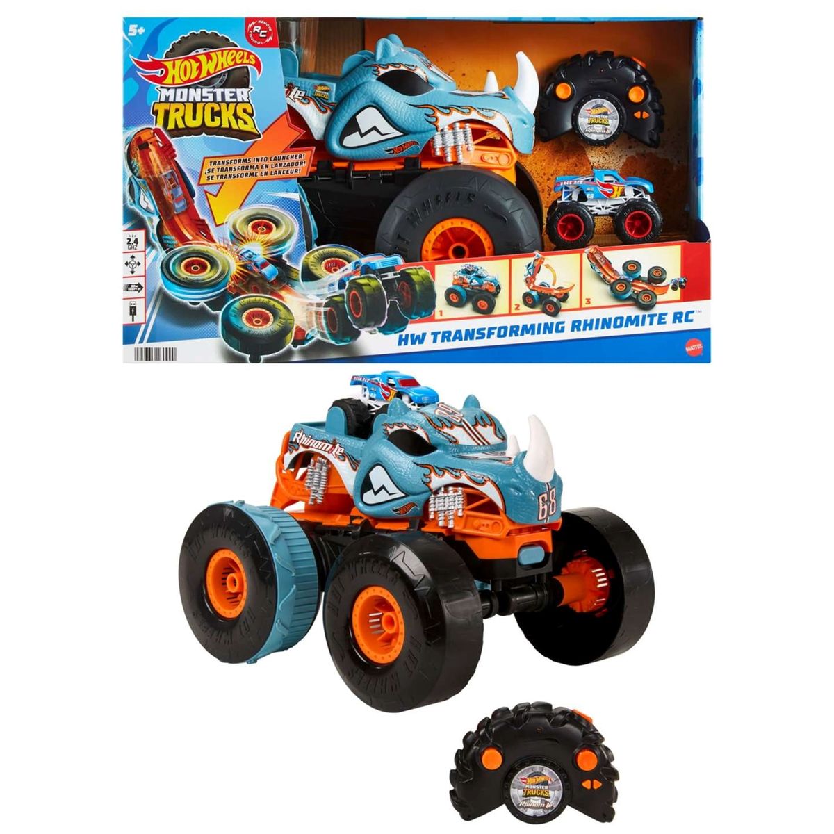 Hot wheels monster trucks rhinomite télécommandé et transformable à  l'échelle 1/12 avec camion jouet à l'échelle 1/64 Mattel