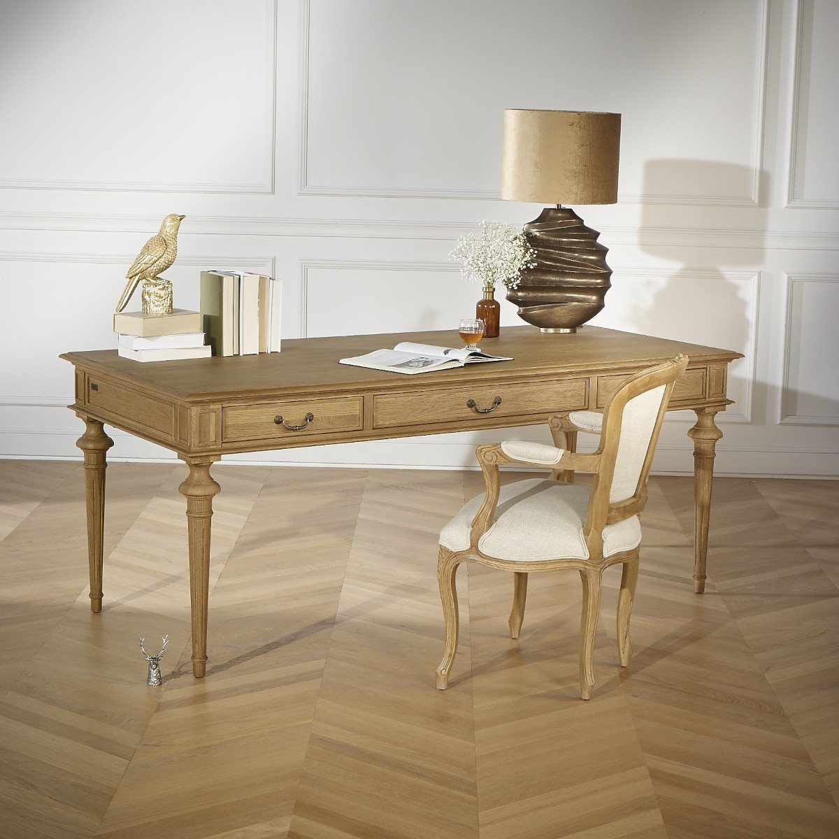 Bureau style shabby chic, plateau en chêne, 3 tiroirs MEGHAN, ROBIN DES BOIS