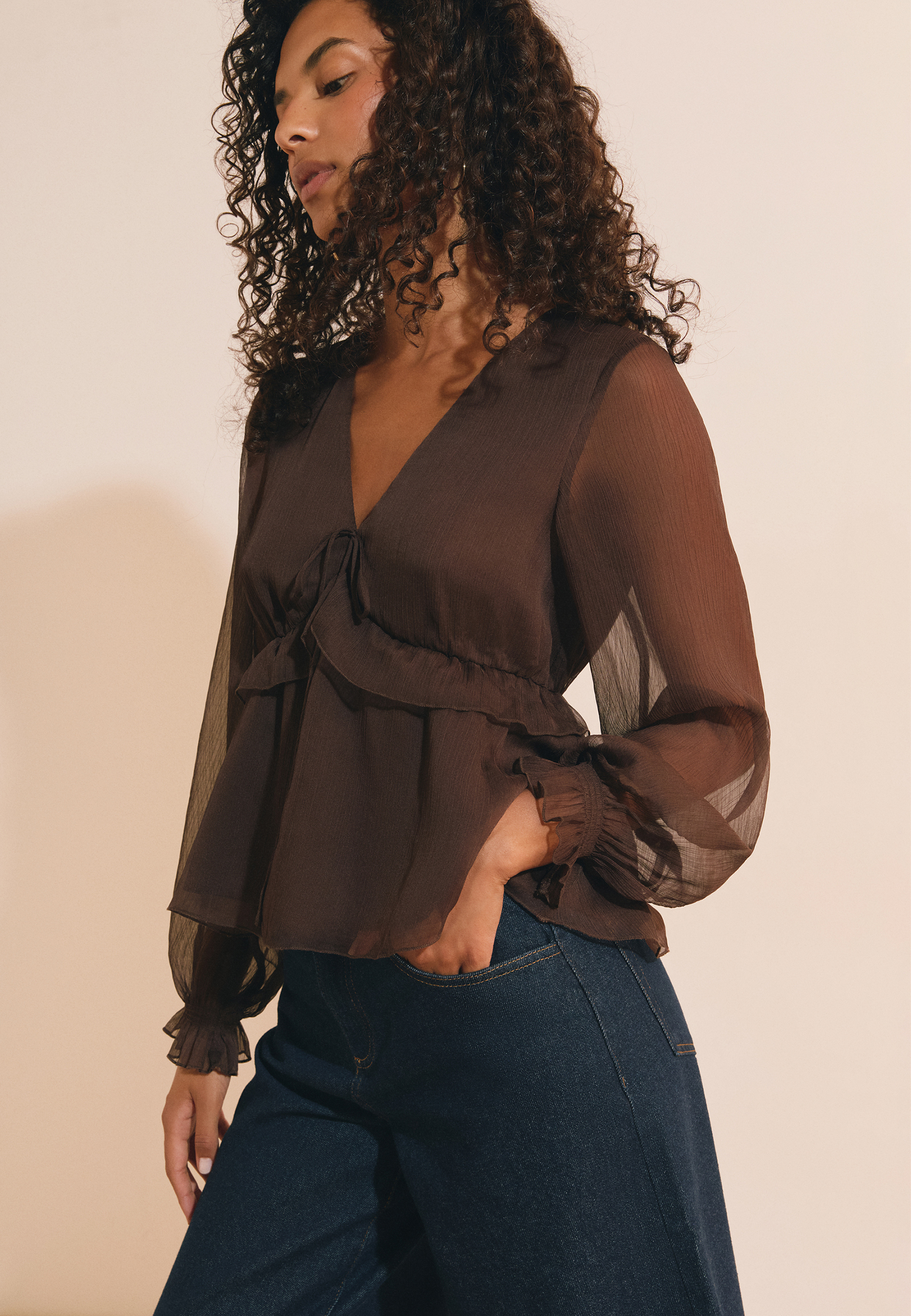 Blouse à volants avec manches transparentes BIANCA, ETAM