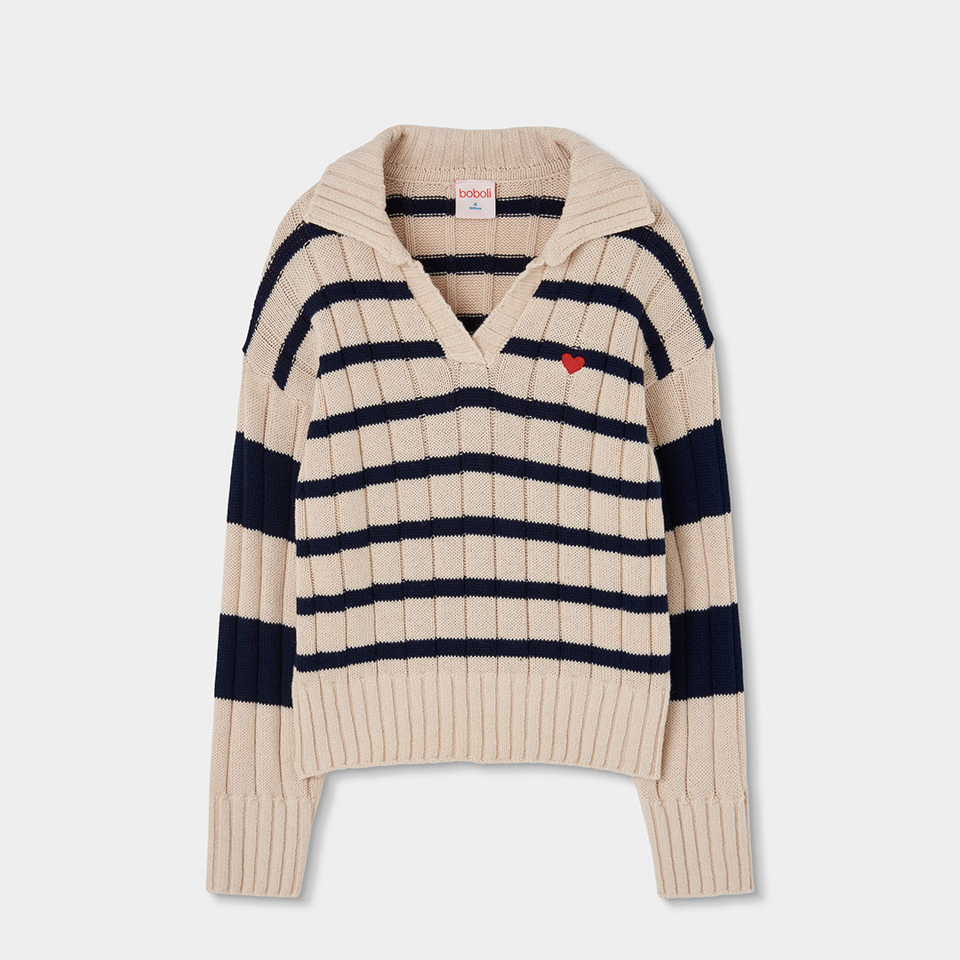 Pull fille rayé avec coeur brodé, BOBOLI