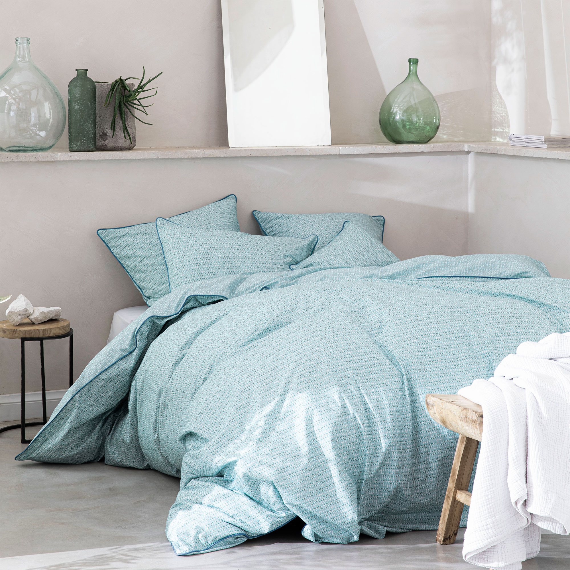 Housse de couette imprimée en percale de coton, TOUCHE VÉGÉTALE, BLANC CERISE
