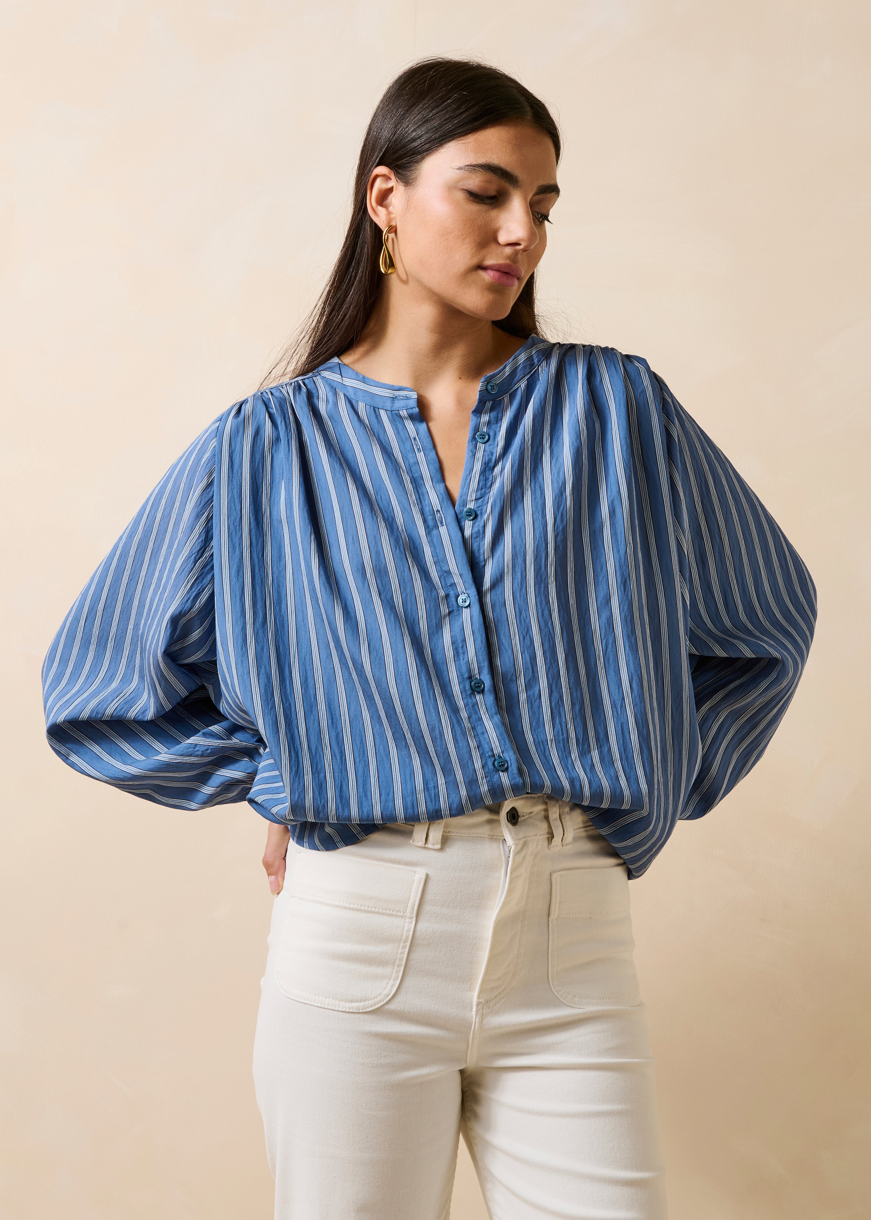 Chemise à rayures manches longues col mao, LA FEE MARABOUTEE