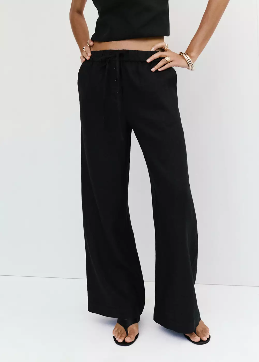 Pantalon wide leg en lin, MANGO
