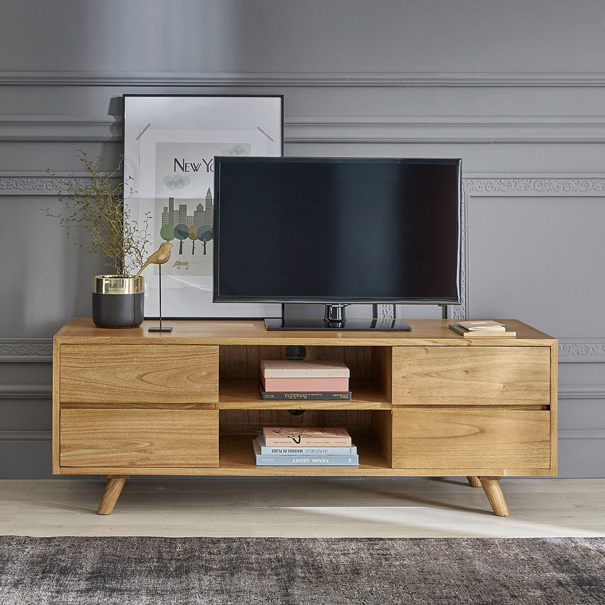 Meuble TV en bois massif 140 cm 4 tiroirs TILO, BERAH GETAH