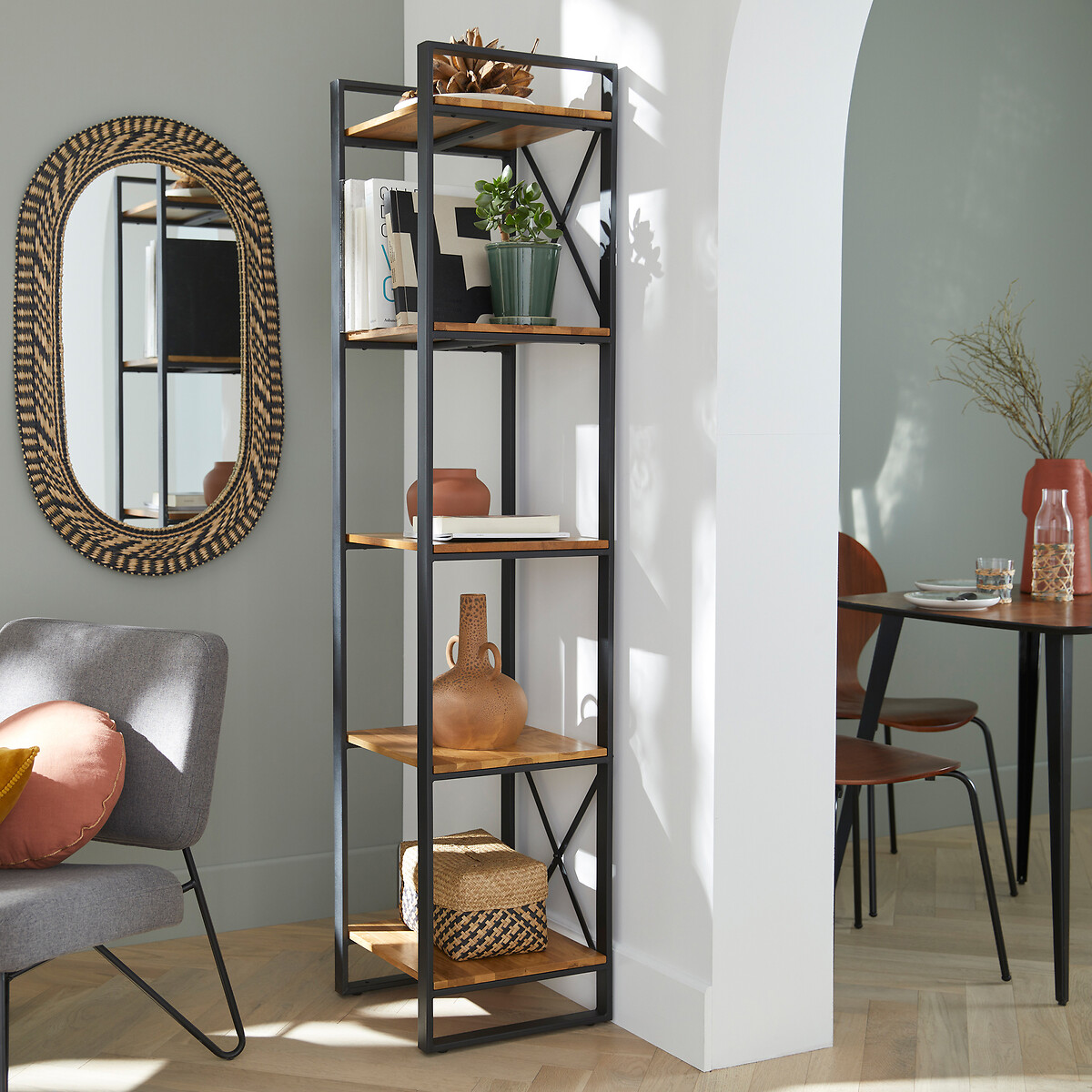 Hiba solid oak and steel console table with 2 shelves natural La Redoute  Interieurs