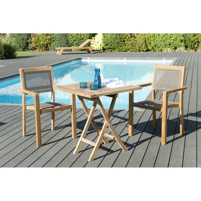 Salon de jardin bois de teck table carrée pliante 70x70cm + 2 fauteuils chaises empilables SUMMER PIER IMPORT