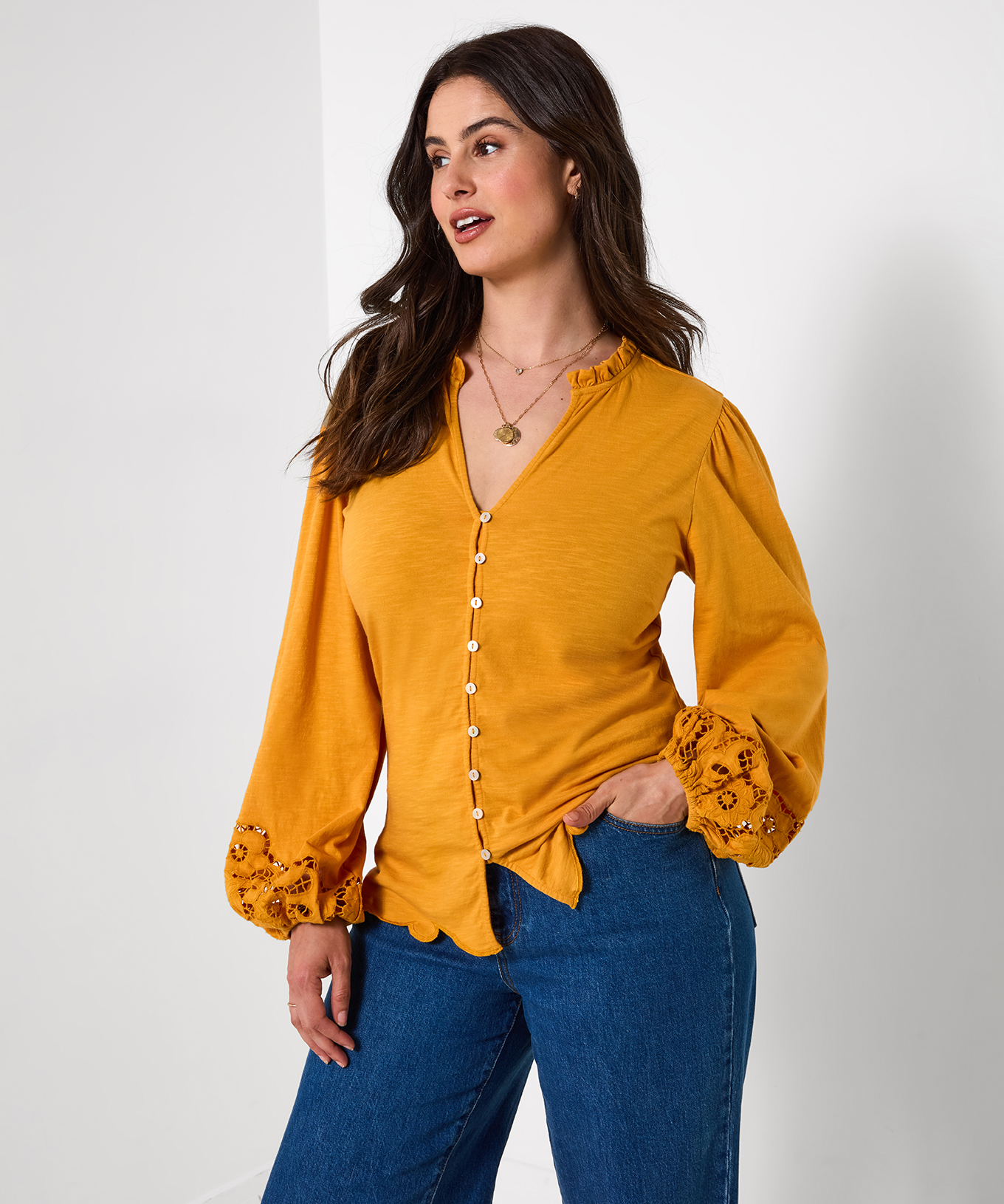 Blouse en Jersey Boutonnée à Manches Brodées, JOE BROWNS