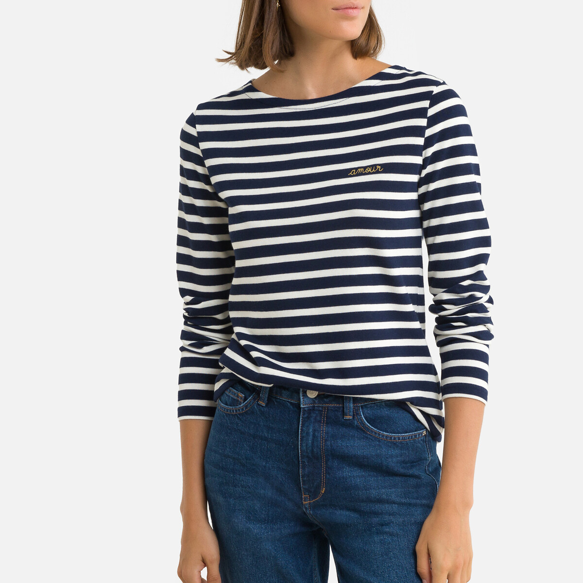 Amour Breton Striped T-Shirt with Boat Neck in Organic Cotton