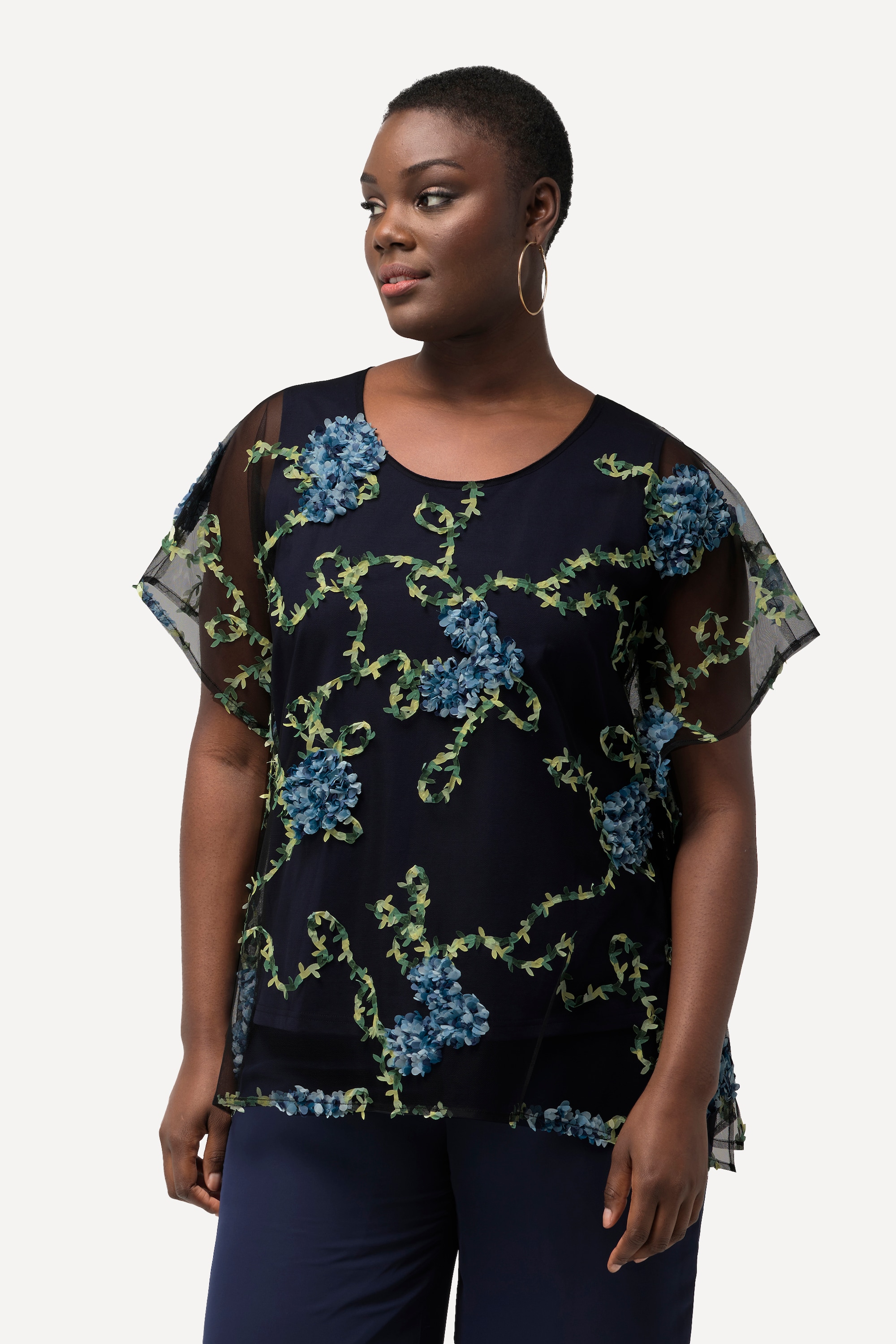 Blouse, broderie florale, doublée, col rond, ULLA POPKEN